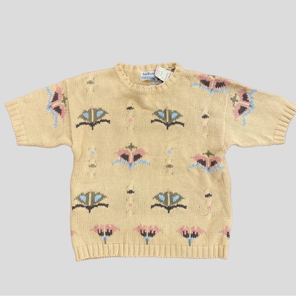 Vintage 90s Ann Taylor Yellow Floral Short Sleeve Cotton Sweater NWT
